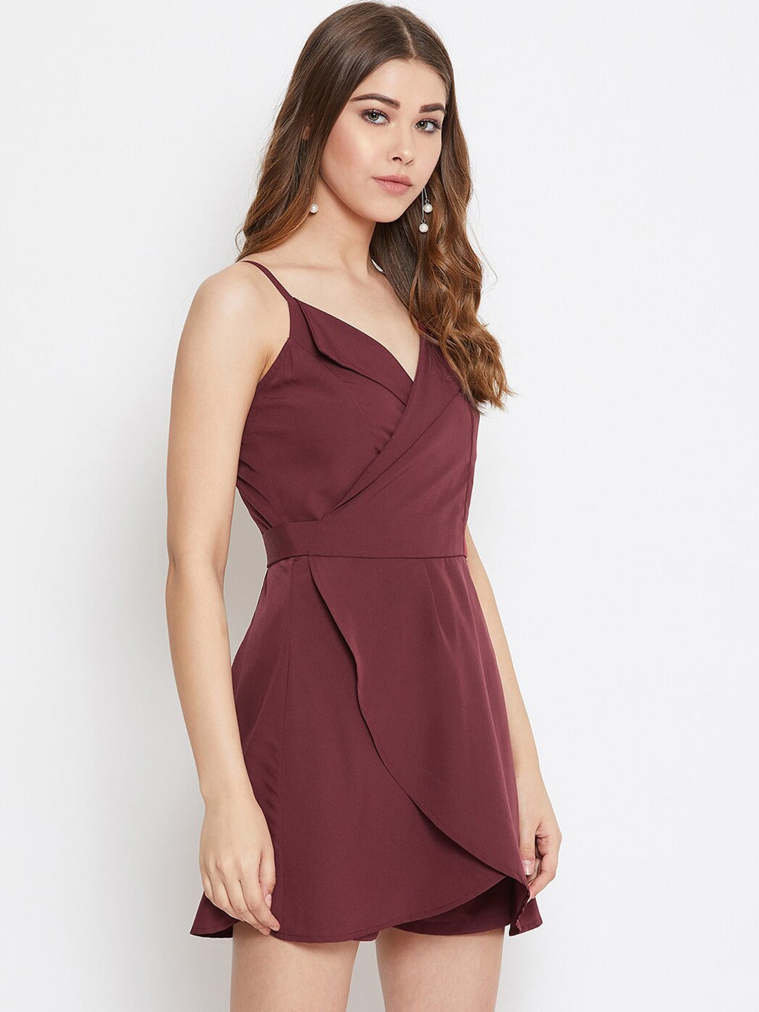 Berrylush - Playsuit - Burgundy Solid Layered Playsuit - - 0224e740-e9b3-4970-9e3c-afeeb89257ba1605127502367-3