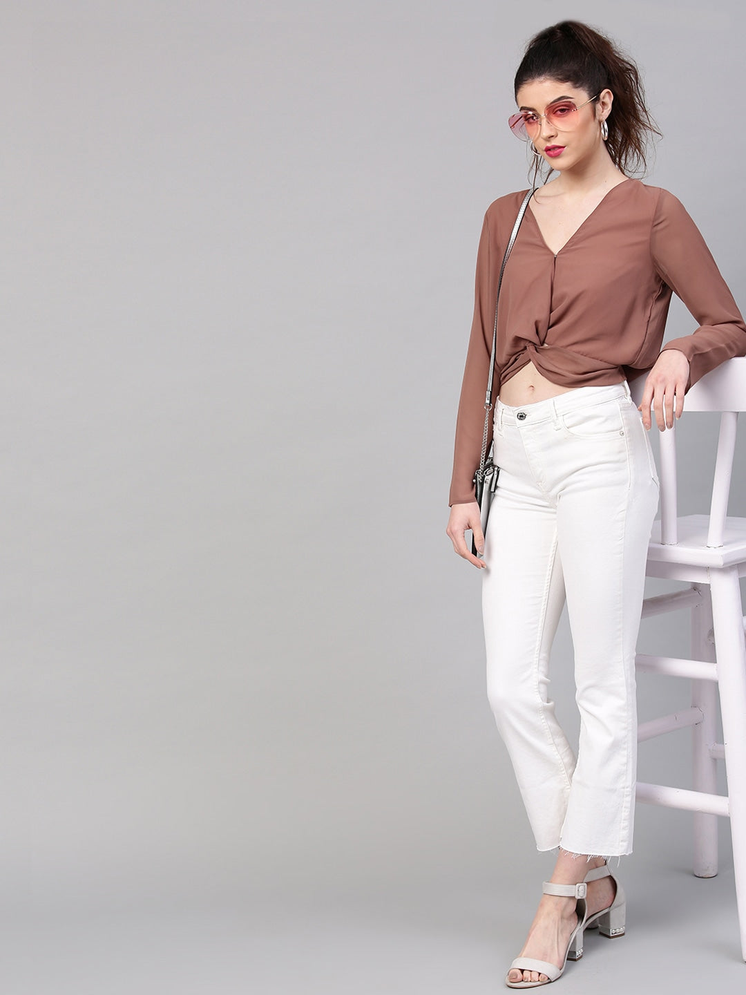 SASSAFRAS - Twisted Crop Top - Brown Solid Twisted Crop Top - - 1d61d123-9d19-4dc6-983e-a4dd647c76101549267521315-SASSAFRAS-Women-Pink-Solid-Blouson-Top-1841549267519923-1
