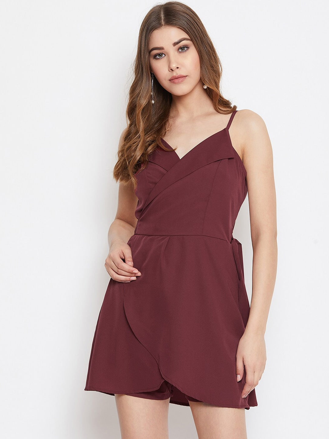 Berrylush - Playsuit - Burgundy Solid Layered Playsuit - - b5a29b94-dcc6-480d-909c-da7c497b701a1605127502261-1