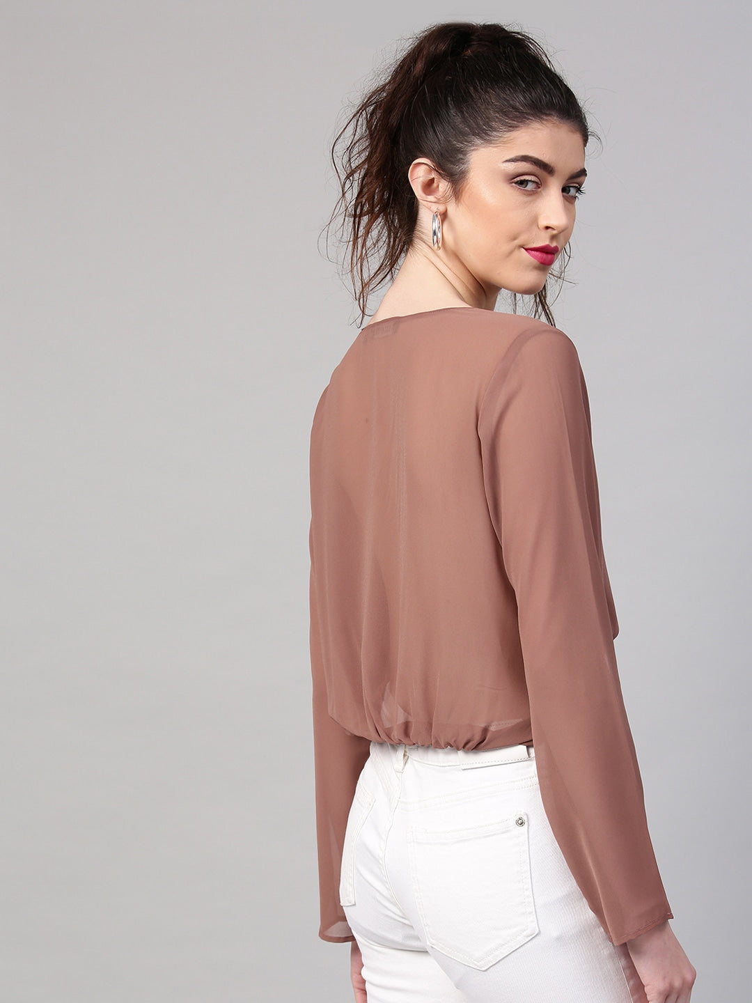 SASSAFRAS - Twisted Crop Top - Brown Solid Twisted Crop Top - - f0ca4684-caf0-4660-a013-71afa4d6cdd11549267521217-SASSAFRAS-Women-Pink-Solid-Blouson-Top-1841549267519923-5
