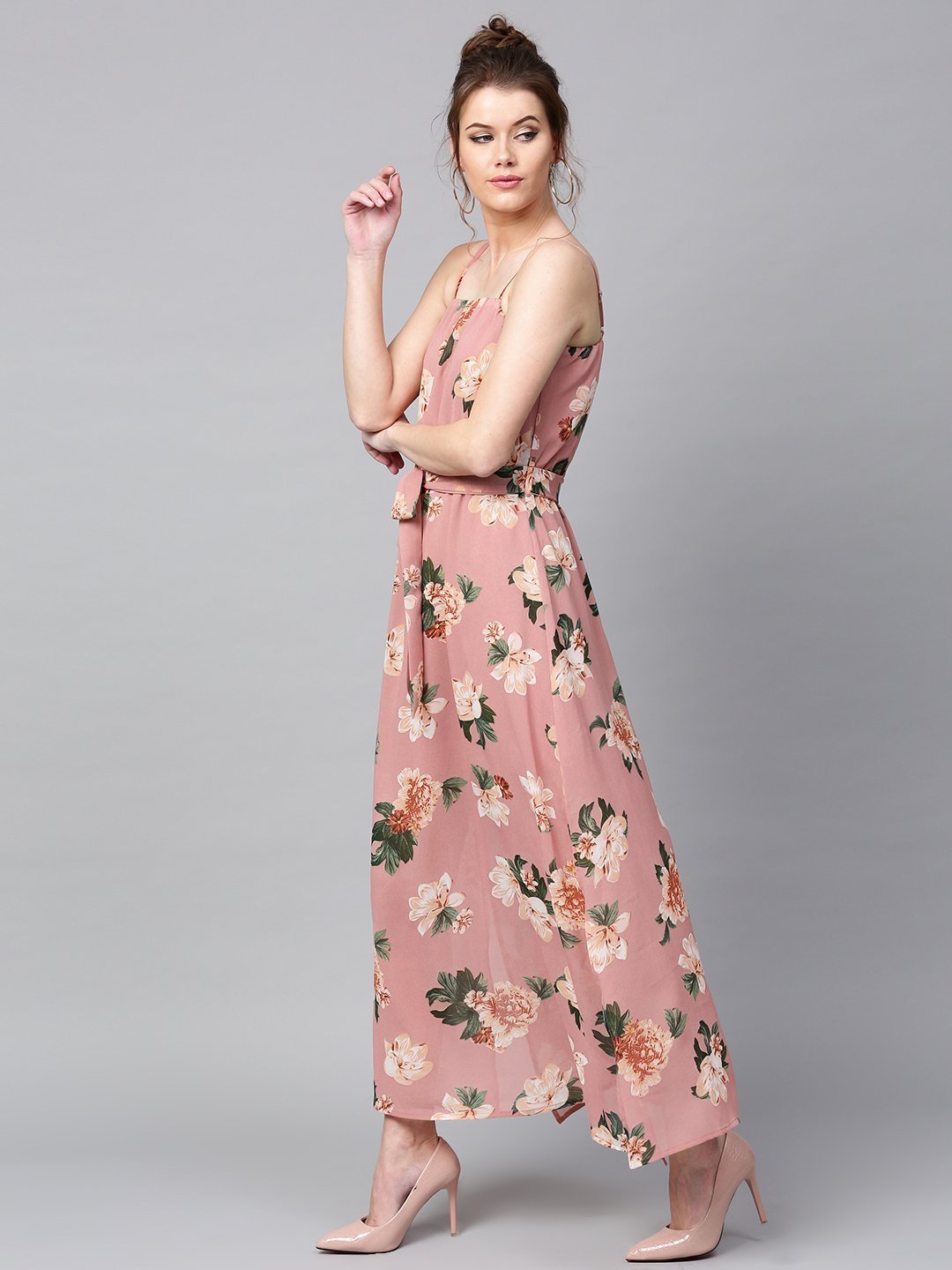 Dress Star - Dress - Floral Printed Maxi Dress - Dusty Pink And Green - 11518762643480-SASSAFRAS-Women-Pink-Printed-Maxi-Dress-8201518762643321-4_c35e0c9c-7369-439e-9693-69aad5d33dd2