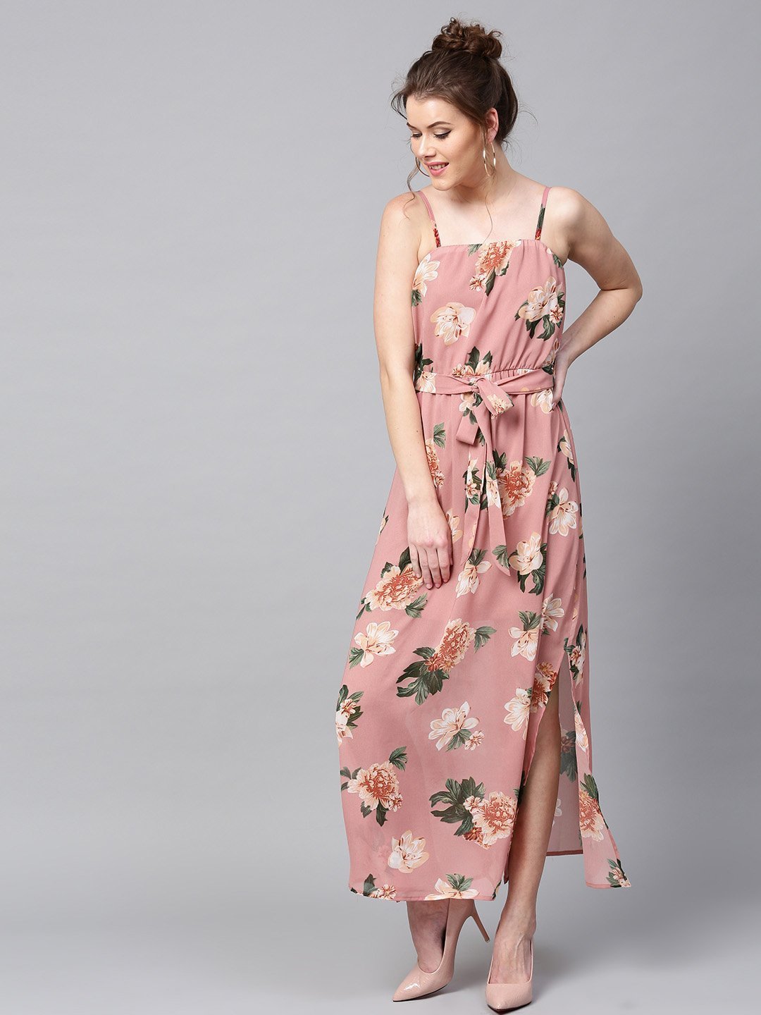 Dress Star - Dress - Floral Printed Maxi Dress - Dusty Pink And Green - 11518762643502-SASSAFRAS-Women-Pink-Printed-Maxi-Dress-8201518762643321-3_2dfe7582-b6e8-4f14-9641-f4a9c0eafc46