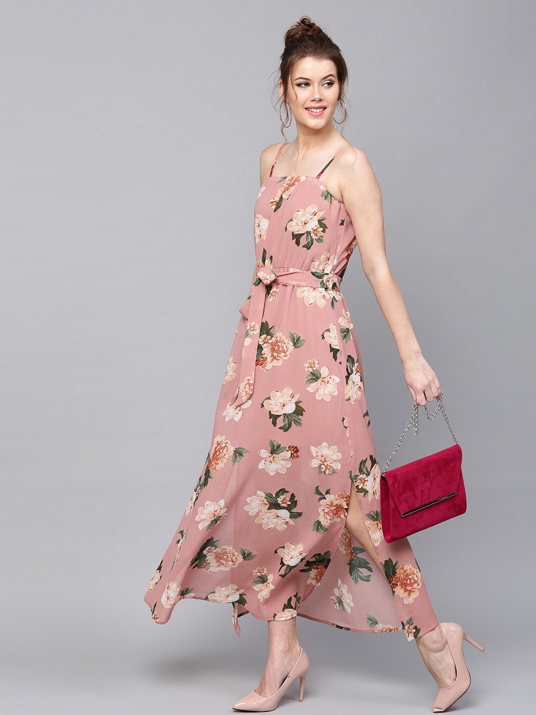 Dress Star - Dress - Floral Printed Maxi Dress - Dusty Pink And Green - 11518762643548-SASSAFRAS-Women-Pink-Printed-Maxi-Dress-8201518762643321-1_e91114e0-61ca-457a-9234-bd4de62f0a07