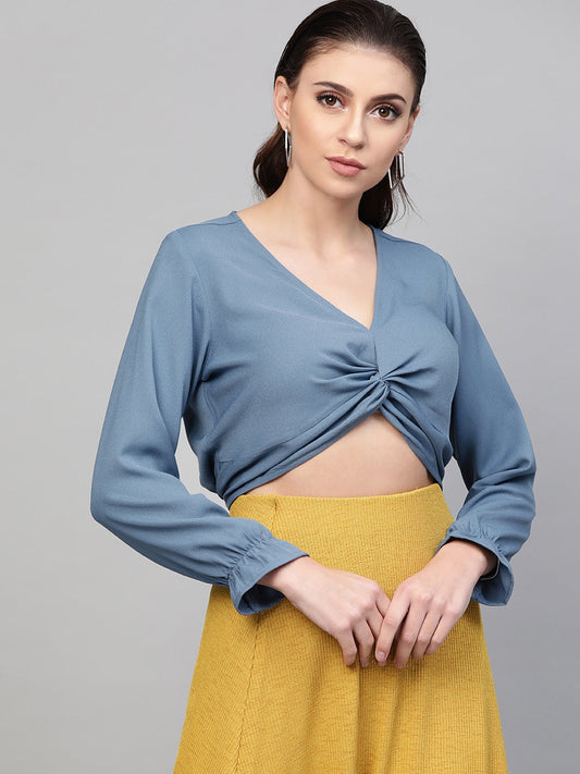 SASSAFRAS - Twisted Crop Top - Blue Solid Twisted Cropped Top - - 95fa5069-96fe-4064-8df4-c8d13d6315f31580191182168-SASSAFRAS-Women-Blue-Solid-Top-3021580191180604-1