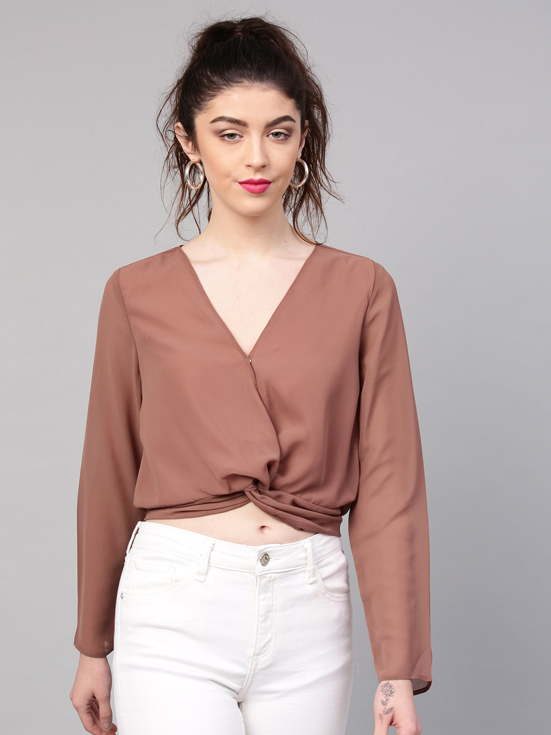 SASSAFRAS - Twisted Crop Top - Brown Solid Twisted Crop Top - - a2de0c16-2222-4fa9-84da-cf900168aaa81549282835499-SASSAFRAS-Women-Brown-Solid-Crop-Blouson-Top-193154928283531-3